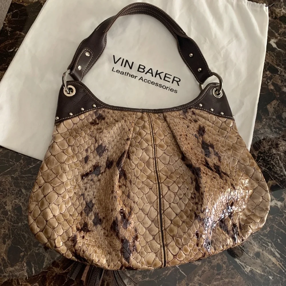 Vin Baker Faux Python Hobo Bag Brown Snake Embossed Tassel Shoulder Bag